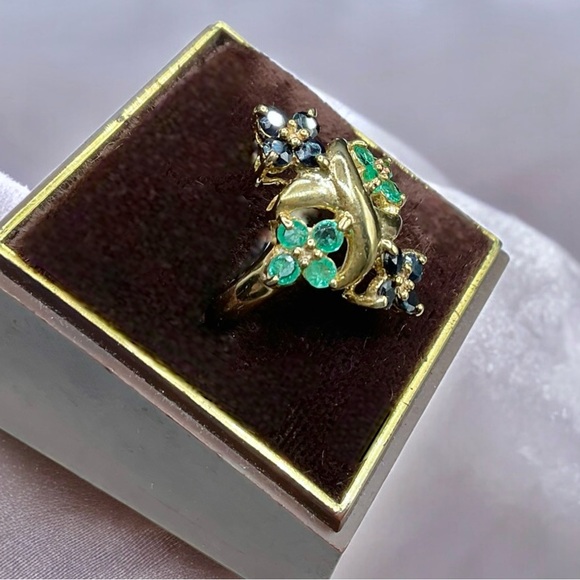 🌺Vintage 18K/925 Genuine Emerald & Sapphire Ring - Picture 10 of 11